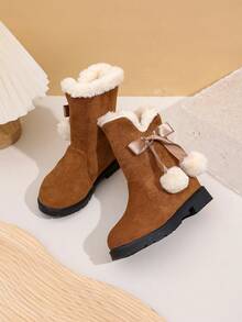 Girls' Princess Wool Snow Boots With Bows, High-Top Warm Lining Boots, Winter Outdoor Winter Shoes - Brown - View 3
