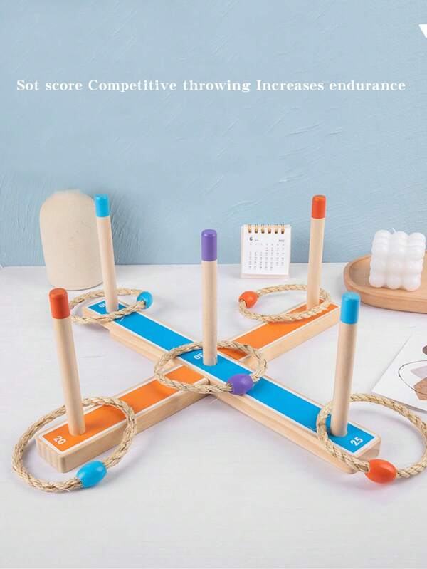 1set Wood Throwing Ring Toss Game, 5pcs Rings & 5pcs Crosses, Orange Blue Random Natural Wood, Outdoor Sports Game