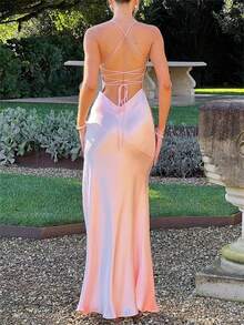 Women's Yellow Spaghetti Strap Deep V Neck Satin High Slit Maxi Dress, Classy Elegant Outfit For Wedding Guest/Evening Party/Birthday Event, Wedding Guest Dresses For Women - 粉色 - 查看 8