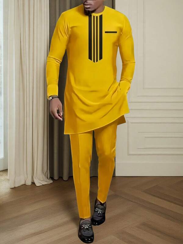 Conjunto informal africano de 2 piezas para hombres, de color amarillo y moda