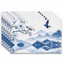 Set de 4 o 6 individuales, decoración del hogar, individual de lino estilo moderno de porcelana azul y blanca impresa, adecuado para mesas de comedor, decoración versátil de temporada en primavera, verano, otoño e invierno, individual de mesa lavable de estilo moderno, resistente al calor, resistente a las manchas, decoración de habitación, individual, posavasos, individual de mesa de cocina, decoración de fiesta, decoración del hogar, regalo ideal