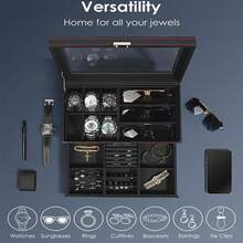 CASEGRACE 1 Stück eleganter Stil, luxuriöse 2-stöckige Uhr- und Schmuckaufbewahrungsbox mit Glasdeckel, Schloss, 6 Uhrenhalterungen, 3 Fächer für Modebrillen, Kunstleder - ideales Geschenk für Männer und Frauen, perfekt für die Heimdekoration, Schmuckkasten