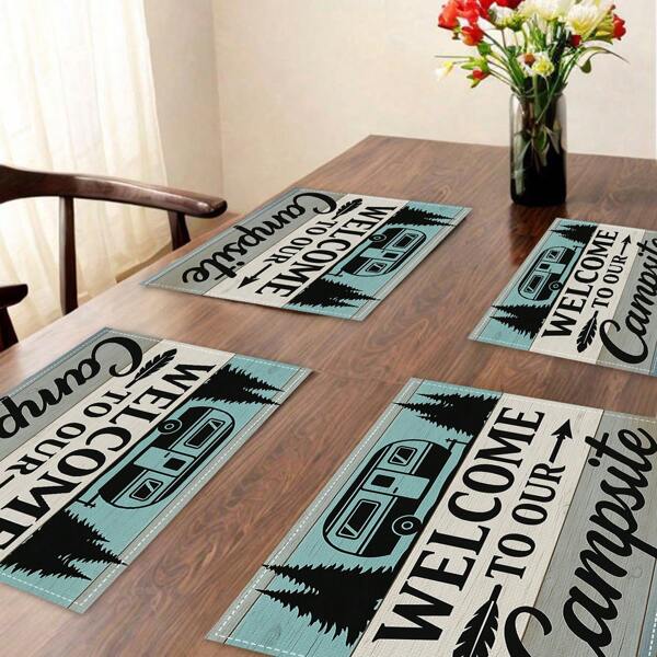 1/2/4pcs Country Camping Linen Print Placemats, "Welcome To Our Campsite" Design, Machine Washable Rectangular Polyester Tablemat Coasters, Kitchen Tablecloth, Suitable For Kitchen, Dining Room, Wedding, Home Decor, Room Decor, Tabletop Decor, Holiday Party Decor, Ideal Gift