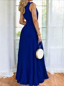 Vestido Largo de Hombros Descubiertos con Escote en V Profundo y Volantes Delicados con Abertura Lateral Alta en Pierna y Cinturón Ajustable Elegante para Mujer - Azul - Ver 2