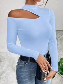 Women's T-Shirt Blouse Suplex Fabric Long Sleeve High Neck Asymmetrical Cut Ideal For Meetings And Casual Use - 淺藍色 - 查看 6