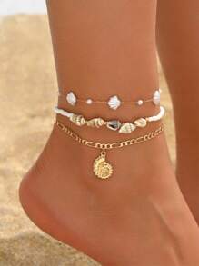 3pcs/Set Summer Faux Pearl Shell & Conch Anklet, Fashion Gold Color Natural Conch Pendant Foot Jewelry Suitable For Daily Outing, Party, Beach Vacation Wear. Handcraft Chain Can Be Customized Length, Natural Shell Pattern & Size Random.