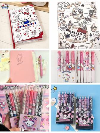 Sanrio Sanrio 1pc A5 Color Page Notepad + 6pc Gel Pen Set, Including Hello Kitty, Kuromi, Melody, Cinnamoroll, Pochaccos And Pompompirin, Black Ink, Fashionable Ballpoint Pen, Thick, Colorful Pages, With Anime-Style Hull Theme, Cartoon Design, With Red Border And Heart Pattern, Smooth Writing, Very Suitable As Office Supplies And Gifts