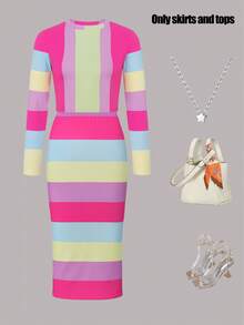 Women's Autumn/Winter Striped Skirt Set, Colorful Round Neck Long Sleeve Top Paired With Fitted Skirt, 2 Pieces Set Spring Elegant - Multicolor - View 2