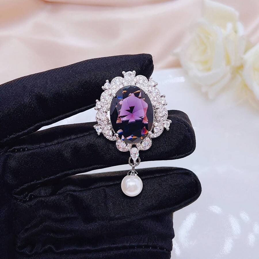 Women's Luxury Oval Purple Zirconia Faux Pearl Brooch Necklace Set