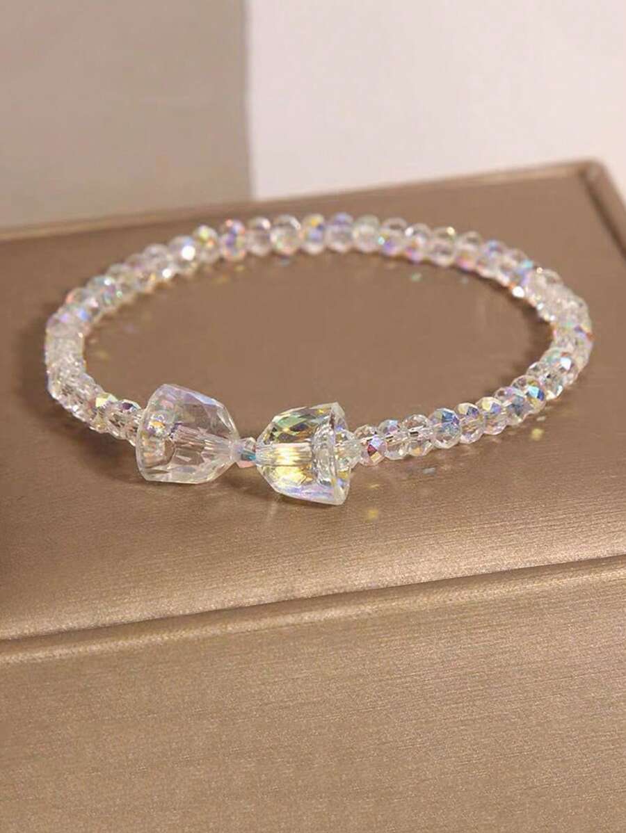 1 Piece Of Clear And Colorful Glass Crystal Bracelet, Cute Bead With Heart-Shaped Bow, High-End And Niche Design Bracelet, Bell Bracelet