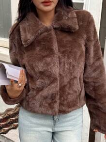 DEEKA 冬季新款仿貂皮草大衣女短款宽松修身高端加厚毛茸茸外套 - 棕色 - 查看 2