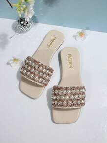 Nuevos Chanclas/Zuecos de talla grande 2025 con punta cuadrada, sin deslizamiento, con aplicaciones de cristales y perlas, versátiles para la playa/resort