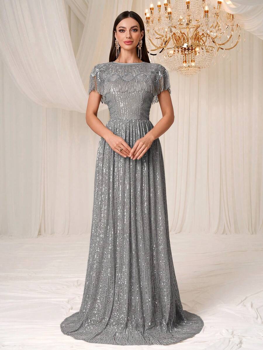 YISIKADO 女士优雅奢华亮片串珠装饰正式舞会礼服，配披肩