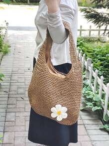 Yogodlns Bolso de hombro de paja de moda para mujer, bolso tejido femenino de gran capacidad, bolso de playa de paja de verano, bolso casual de mano, bolso de compra hecho a mano de ganchillo, bolso de hombro de verano de mujer con tejido hueco de gran capacidad, bolso de playa de malla, bolso de mano