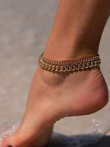 1-3 Pcs Retro Fashion Simple Double Layer Alloy Chain Anklet K Gold Color Retention AB Cuban Chain Anklet . Suitable For Travel, Beach Vacation