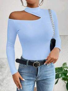 Women's T-Shirt Blouse Suplex Fabric Long Sleeve High Neck Asymmetrical Cut Ideal For Meetings And Casual Use - 淺藍色 - 查看 5