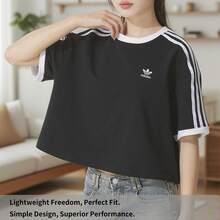 Adidas Originals Camiseta Cropped Solta Esportiva Adidas Feminina, Camiseta Cropped Solta 3S, Camiseta de Manga Curta Confortável para Corrida, Fitness, Treino. Item JC8149 - Preto - Visão 2