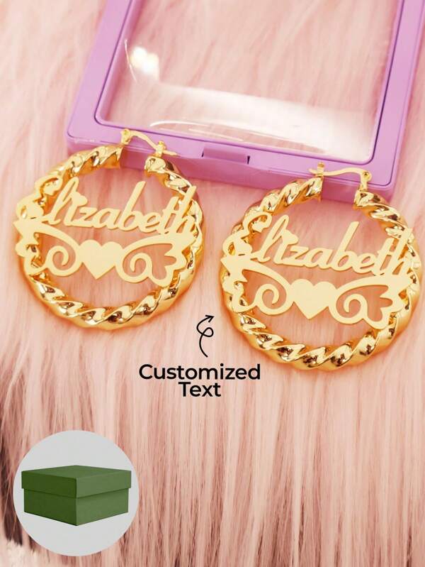 1 Pair Of 7cm Large Hoop Earrings, Customized Name, Text, Personalized Earrings, 18k Gold Fashion Jewelry Stainless Steel, Nameplate Bamboo Earrings - Gold Name Circle - Large Circle Earrings Thanksgiving Christmas