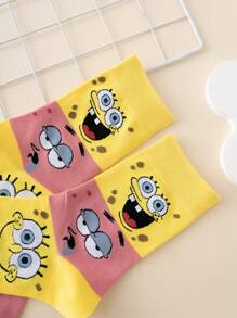 SPONGEBOB 1 Pair Funny Personalized Cartoon SpongeBob Eye Expression Two-Tone Jacquard Mid-Calf Socks, Sports Style, All Season, EU Sizing, Comfortable Breathable , Colorful, Suitable For Daily Wear, Premium Fabric, Non-Stuffy