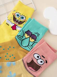 SPONGEBOB 3 Pairs Interesting Personalized Cartoon Cute Multi-Color Jacquard Spongebob Octopus Face Pattern Mid-Calf Socks, Sports Style, All Season, Euro-American Size, Comfortable Breathable , Rich Colors, Suitable For Daily Wear, Premium Fabric, Non-Smelly