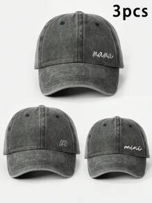 3pcs Embroidered "Mama + Dad + Mini" Matching Washed Baseball Caps, Adjustable Outdoor Sun Protection Casual Hats For Boys & Girls, Suitable For Spring, Autumn, Travel, Beach