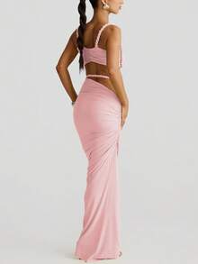 Women's Sexy Backless Camisole And Pleated Long Skirt Set, Summer Vacation Outfit - Pink - View 2