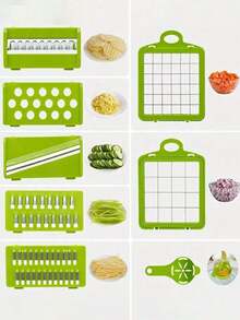 Juego de 16 piezas: Cortador multifuncional de vegetales con sistema de presión | Corta en cubos, juliana y en rodajas rápidamente | Incluye separador de claras de huevo y prensa ajos | Fácil de usar y guardar | Herramienta esencial para cocinas del hogar