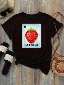 Camiseta casual holgada para mujer con estampado gráfico de LA FRESA de fresa en color negro, cómoda para uso diario - Negro - Ver 2