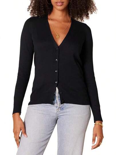 Suéter ligero de manga larga con cuello en V para mujer, ajuste clásico, moda 2025