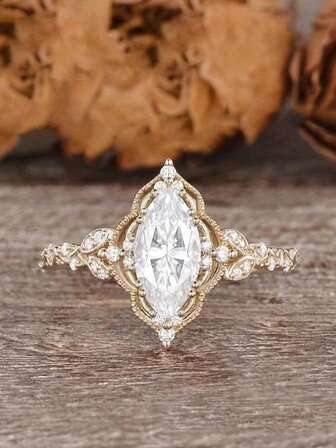 优雅的 925 纯银香槟金马眼白锆石戒指，奢华新娘订婚结婚周年纪念礼物