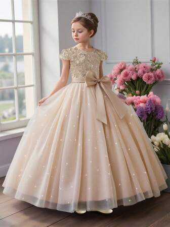 Tween Girls Embroidered Tulle Bow Princess Dress, Suitable For Flower Girl, Birthday Party, Piano Recital, Formal Occasions, Does Not Include Headband