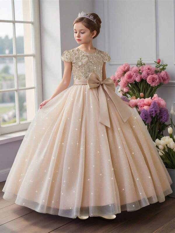 Tween-Mädchen Besticktes Prinzessinnen-Partykleid mit Schleifendekor aus Tüll, geeignet für Blumen bei Veranstaltungen, ohne Haarschmuck