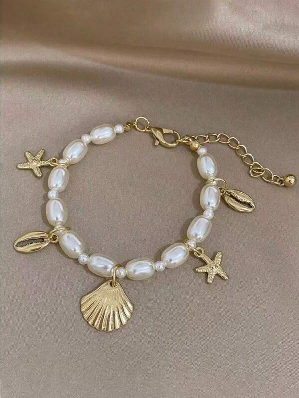 1 pièce Bracelet élégant à pendentif de mode avec perles, coquillage et étoile de mer, convient pour le port quotidien, les vacances et les fêtes pour femmes