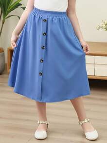Girls A-Line Elastic High Waist Pleated Swing Maxi Skirt With Pockets For 4-14T - Blue - View 3