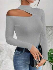 Women's T-Shirt Blouse Suplex Fabric Long Sleeve High Neck Asymmetrical Cut Ideal For Meetings And Casual Use - 灰色 - 查看 3
