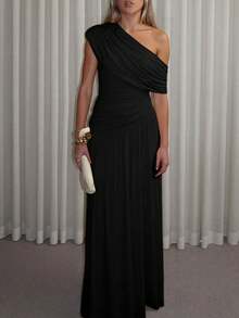 女士纯色斜领褶皱长连衣裙，修身显瘦，优雅性感派对礼服 - 黑色 - 查看 4