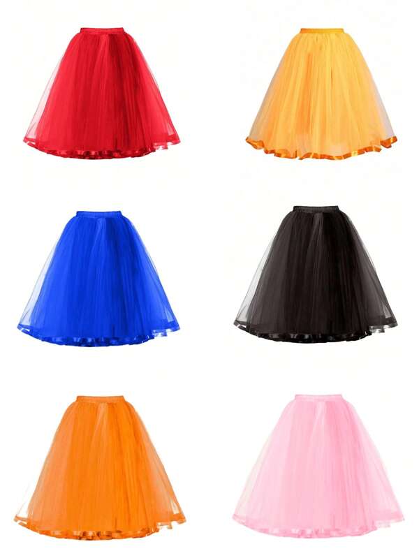 1pc Women's Mid-Length Solid Color Tulle Skirt With Ribbon Trim, Fluffy Tutu Skirt, Layered Mesh Petticoat, Crinoline Slip Dress For Princess, Wedding, Party, Stage Performance, Summer, Elegant Bridal Gown Underskirt, Hand Washable, Suitable For Wedding Guest Dress, Cosplay Lolita Petticoat, Dance Skirt Fall Clothes For Women