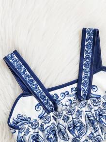 2pcs/Set Infant&Baby GirlBlue & White Porcelain Print Camisole Top & High Waist Mid-Length Skirt Outfit, Spring/Summer