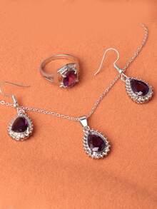 1 Set de joyas clásicas de unicolor con forma de gota de agua, que incluye aretes, collar y anillo, conjunto de 4 piezas de moda - Morado - Ver 7