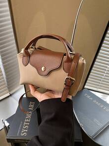 Tas Tangan Mini Desain Colorblock Terbaru, Tas Bahu Kain Nilon Tahan Air, Tas Persegi dan Tas Keranjang, Cocok untuk Bepergian, Pesta, dan Liburan. - Khaki - View 3