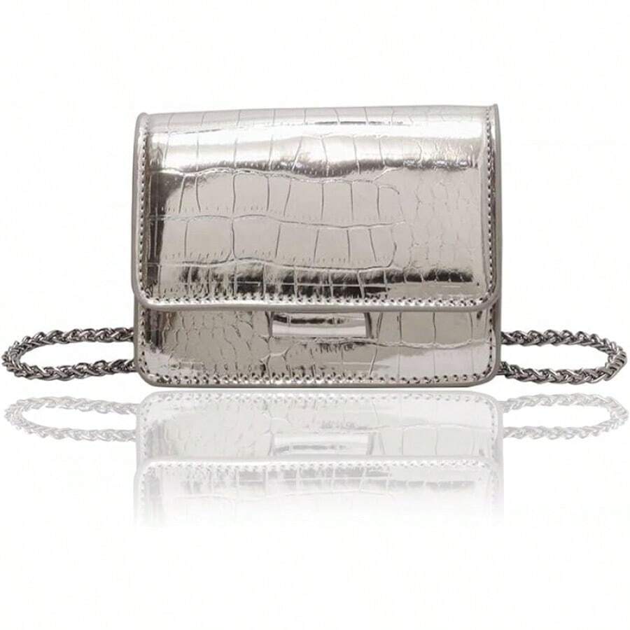 Small Crossbody Purse Bag Women,Cute Metallic-Embossed Handbag With Chain Strap - Silver - View 1