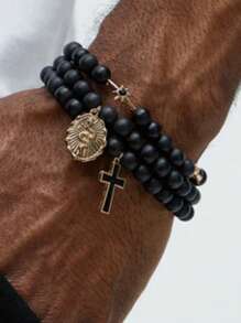2pcs/4pcs/6pcs Classic Men's Beaded Cross Pendant Bracelet Set, Casual Daily Wear, Gift For Boyfriend, Husband, Father, Son