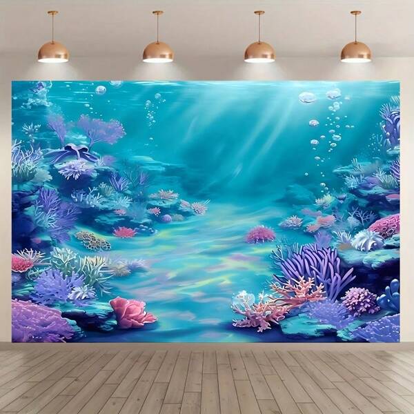 1pc, Underwater Blue And Purple Photography Background, Ocean Foam Starfish Shell Marine-Themed Birthday Party Decoration, Polyester Material, Suitable For Shower Photo Studio Booth Background Banners, Party Decoration Items, Home Decoration Items, Multiple Size Options, No Electricity Required