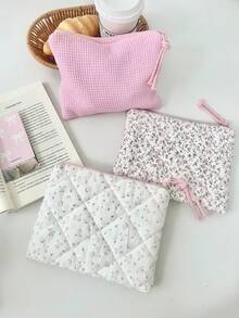 Cute Macaron Color Plaid Cosmetic Bag, Sanitary Pad Storage Bag, Pencil Case, Women's Makeup Bag, Zipper Travel Cosmetic Bag, Storage Pouch, Cute Checkered Toiletry Bag, Plaid Pattern, Large Capacity Cosmetic Organizer, Travel Skincare & Cosmetics Storage Bag, With Handle, Multi-Function Storage Bag, Portable Toiletry Travel Organizer, Travel Essential, Suitable For School, Vacation, Back To School, Women Travel Bag - Multicolor - View 3