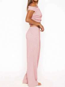 GAOVOT Ensemble deux pièces d'été pour femmes Y2K, sexy, élégant et décontracté. Top en tricot texturé jaune beurre avec épaules dénudées et pantalon droit large et ample