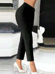 Pantalones casuales de mujer de cintura alta, de unicolor, con botones y cremallera