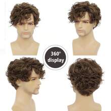Short Brown Wigs For Men Curly Layered Natural Looking Side Part Hair Heat Resistant Synthetic Wigs With Wig Cap