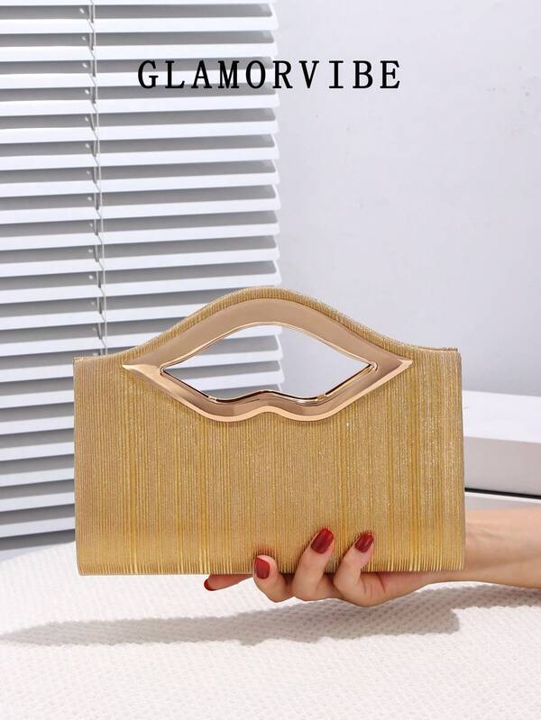 قطعة واحدة حقيبة كلاتش مسائية مرصعة للنساء ، مصنوعة من مواد وبرّاق ، مزينة بخزف على شكل شفاه معدنية وسلسلة معدنية ، مناسبة للحفلات الزفاف والولائم والأعياد والعطلات ، هدية مناسبة لعيد الحب وعيد الميلاد ، تنسق مع الفساتين