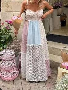 Women Spaghetti Strap Floral Maxi Dress Y2k Halter Lace Trim Tie Up Ruffle Long Dress Summer Boho Flowy Sundress - 彩色 - 查看 1