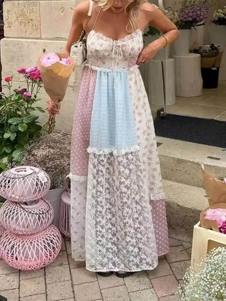 Women Spaghetti Strap Floral Maxi Dress Y2k Halter Lace Trim Tie Up Ruffle Long Dress Summer Boho Flowy Sundress - 彩色 - 查看 1